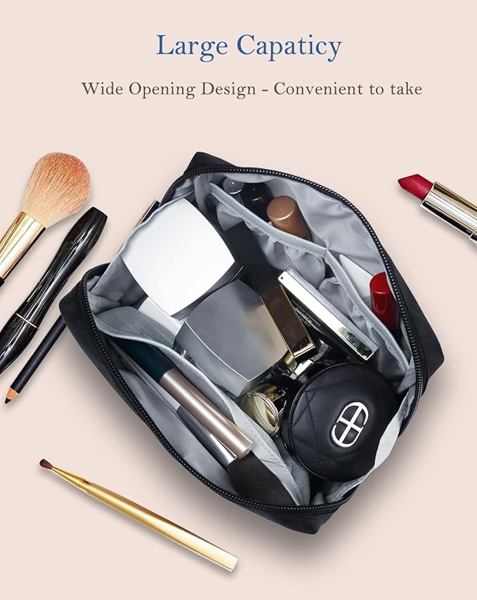 Aosbos Small Travel Makeup Pouch - Cosmetic Bag for Women, Midnight Black