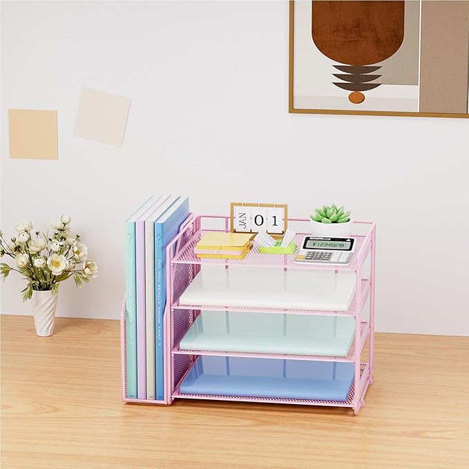 Marbrasse Desk Organizer and Accessories，4-Tier Paper Letter Tray Organizer with File Holder，Desk Accessories & Workspace Desktop Organizers for School Home Office Supplies (Pink)