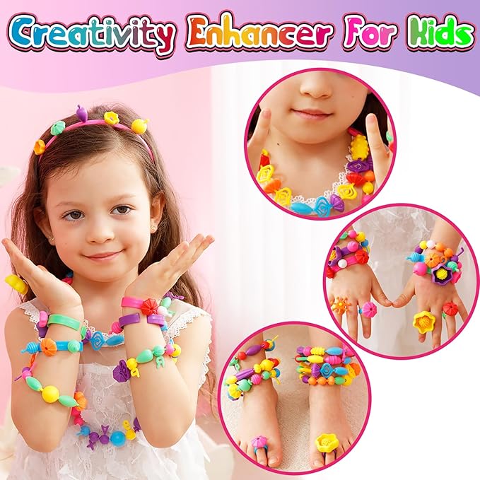 FUNZBO 850pcs Pop Beads - Jewelry Making Kit for 3 4 5 6 7 8 Year Old Little Girls, Arts and Crafts Toys for Kids, Necklace Bracelet Ring Hairband Creativity Snap Set Valentine Easter Birthday Gifts
