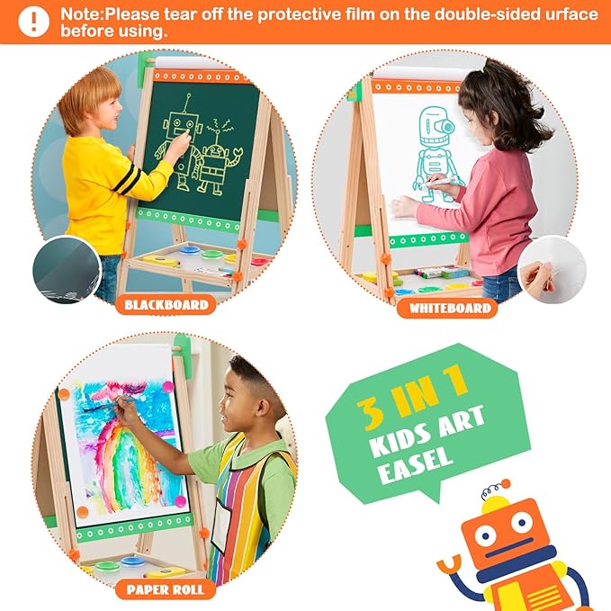 Kids Wooden Easel Foldable Double Sided Whiteboard Blackboard Children Art Easel with Storage, Height Adjustable Easel for Boys Girls Painting and Writing with Gift Packs (Green robot)