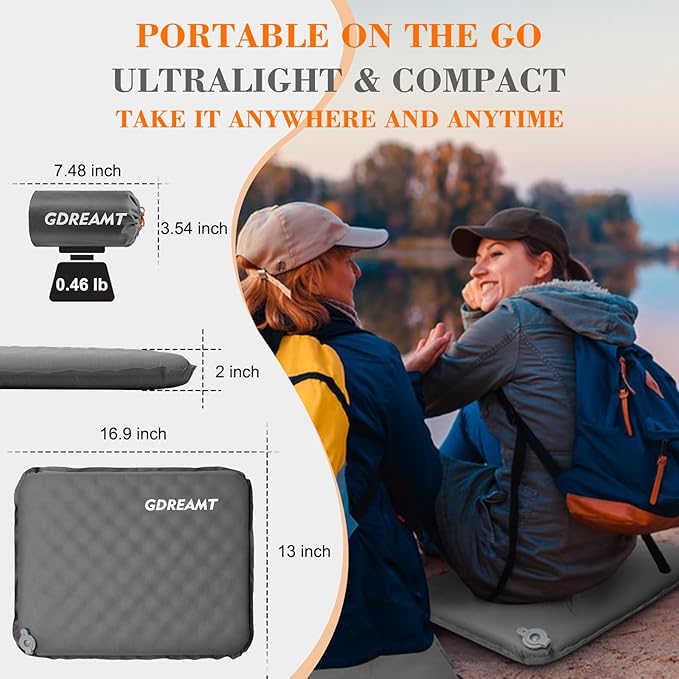 Inflatable Seat Cushion, Self-Inflating Memory Foam Stadium Seats Cushion Portable Camping Air-Foam Sitting Pad for Travel Airplane Car Bleachers Backpacking Office, Lightweight & Compact