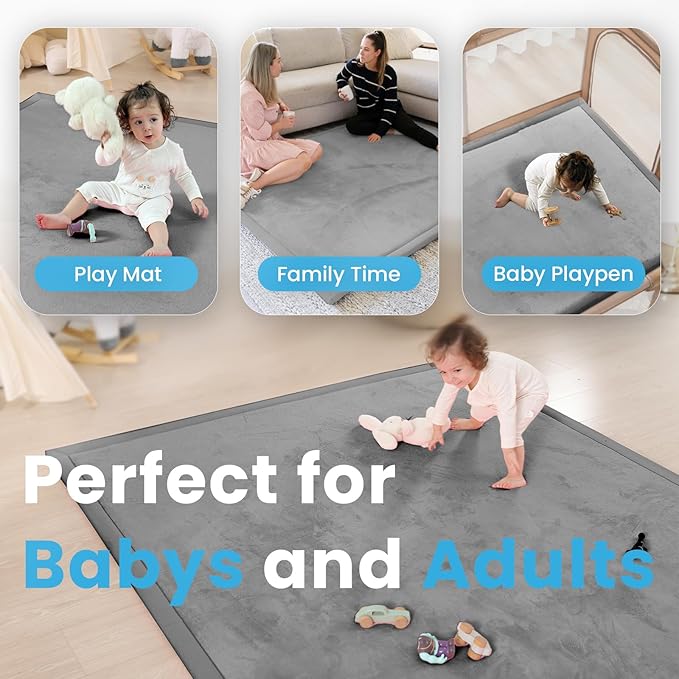 1.3" Thick Baby Play Mat for Floor Playpen, 71x59 Large Foam Tummy Time Mat, Padded Support Soft Plush Nursery Rug for Infant Kids Toddler Crawling Kick Activity (Dark Grey)