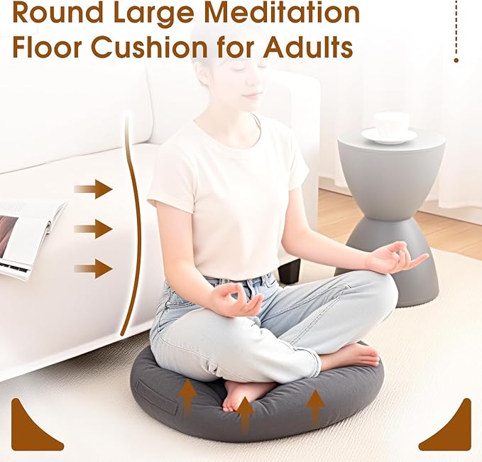 2Pcs Floor Pillows for Adults, Meditation Cushions, 22x22x4 Inch Large Round Sitting Cushion Living Room Memory Foam Pillow for Sitting (2, Grey, 22x22x4 Inch)