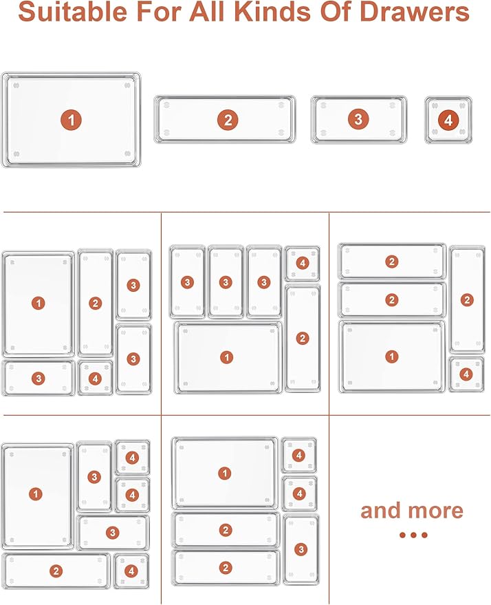 SMARTAKE 22-Piece Drawer Organizer with Non-Slip Silicone Pads, 4-Size Clear Desk Drawer Organizer Trays Storage Tray for Makeup, Jewelries, Utensils in Bedroom Dresser, Office and Kitchen, Clear