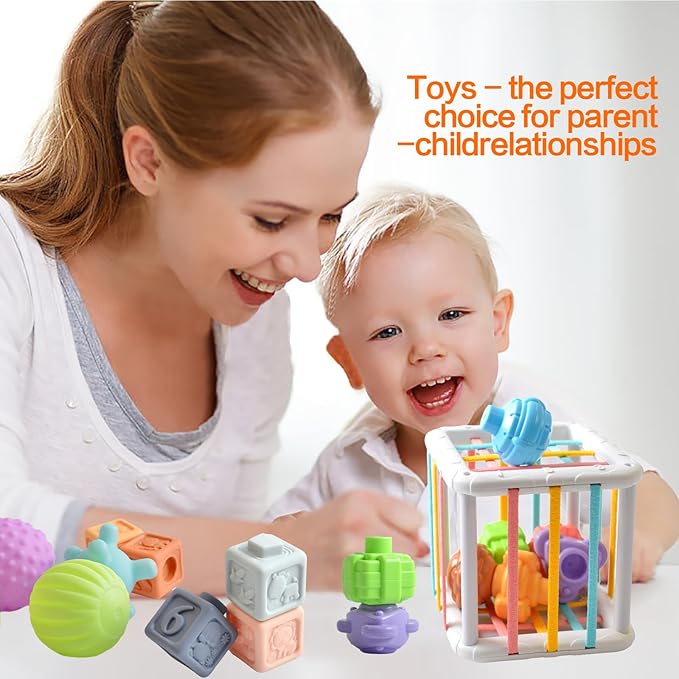 Baby Toys 6 -18 Months，Montessori Toys for Babies 1-2 Years Old,Includes Bear Drawstring Toys, Koala Stacking Blocks & Baby Rattle & 6-Color Squeeze Sensory Balls,Developmental Toys for Children