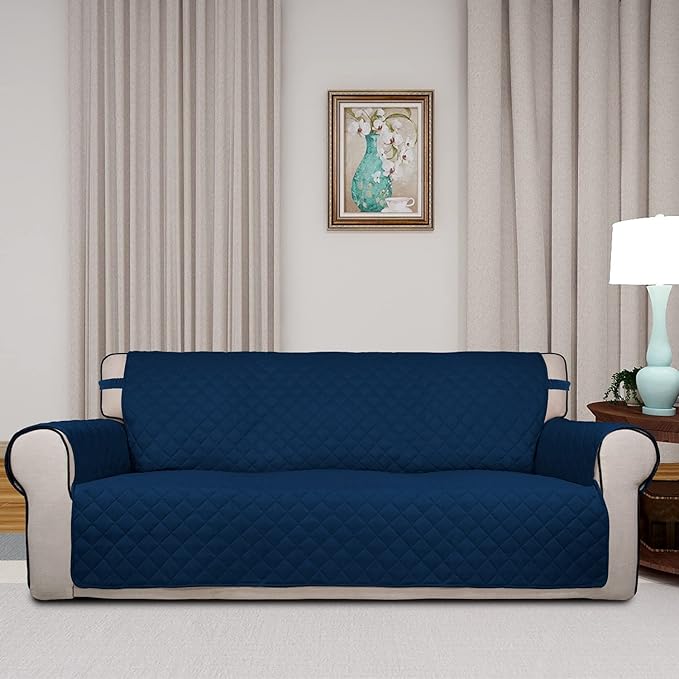 PureFit Reversible Quilted Sofa Cover, Water Resistant Slipcover Furniture Protector, Washable Couch Cover with Non Slip Foam and Elastic Straps for Kids, Pets (X Large, Navy/Navy)
