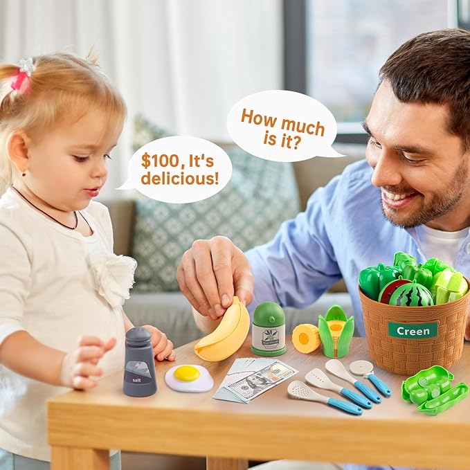 90Pcs Kitchen Playset Accessories, Pretend Cooking with Pots, Pans, Cookware, Food, Fruit, Veges, Color Sorting Baskets, Prop Money, Learning Gift for Girls Boys Toddlers (White)