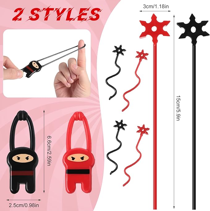 Cindeer 9 Set Ninja Party Favors, Includes Ninja Theme Drawstring Bags, Stretchy Flying Ninjas and Stars Slingshots Stretch Toys, Slap Bracelets for Karate Ninja Birthday Party Favor Supplies