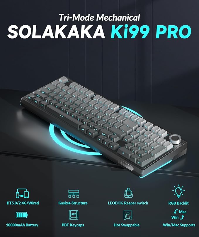 SOLAKAKA KI99 Pro 96% Wireless Mechanical Keyboard, RGB Gaming Keyboard, Hot-Swappable Pre-Lubed Switches, Gasket Structure Creamy Keyboards (Gradient-Black, Non-Silent Version)