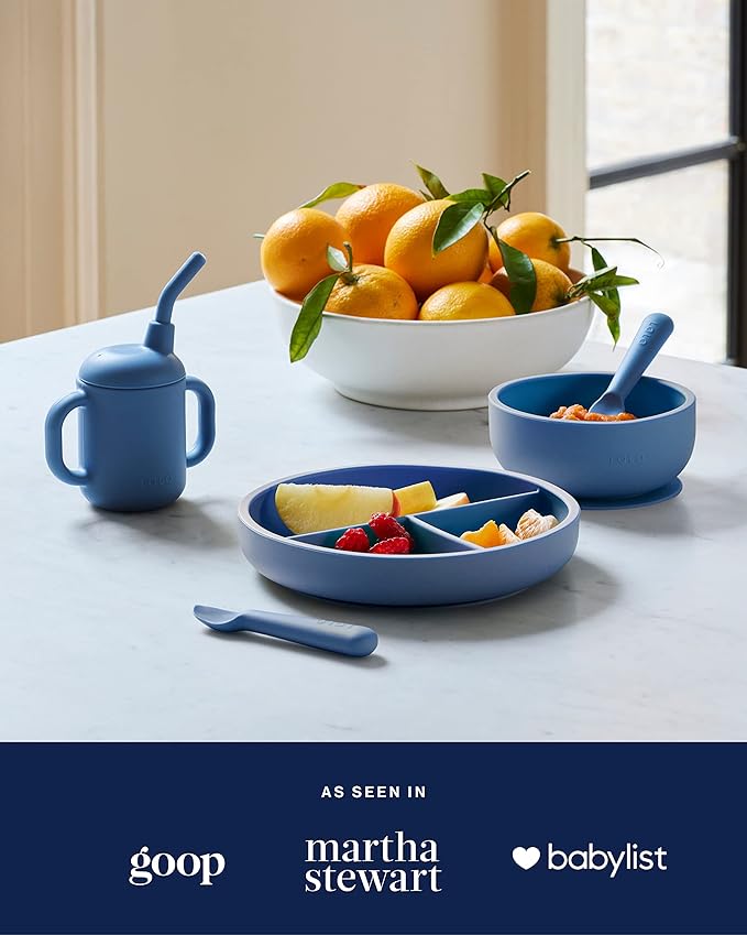 Lalo First Bites Silicone Baby Feeding Set - Baby Led Weaning Supplies - Non-Toxic Silicone - Includes 2 Bibs, 2 Spoons, Training Cup, Suction Plate and Bowl - 6 Pieces - Blueberry