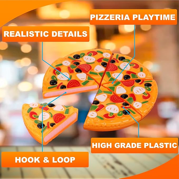 15-Piece Pizza Party Play Set for Kids - Realistic Pizza Pie Pretend Play Food Kit - Slice and Serve Plastic Kitchen Cooking and Cutting Playset