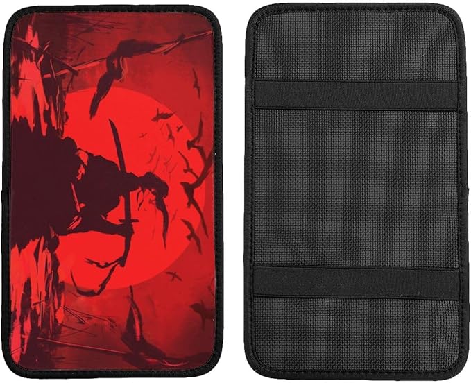 DORKEIXIA Japanese Samurai Broken Swords Arrows Crow Bloody Sun Auto Center Console Armrest Pad Universal Car Center Console Cover Seat Box Cover for Sedan, Van, SUV, Truck Car Accessorie