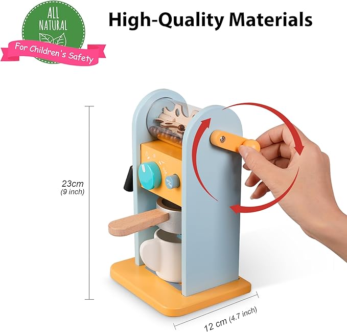 ICEKO Wooden Toy Coffee Maker Set with Grinder - 11pcs Realistic Play Kitchen Accessories for Kids - Pretend Play Toys - Kitchen Playset for Girls and Boys