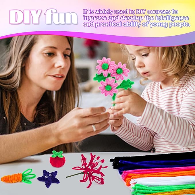 LOKUNN Pipe Cleaners, 200 Pcs Yellow Pipe Cleaners Craft Set, Solid Color Chenille Stems, DIY Arts and Crafts with Adhesive Eyes and Storage Box, Christmas Mother's Day Decoration Art Supplies