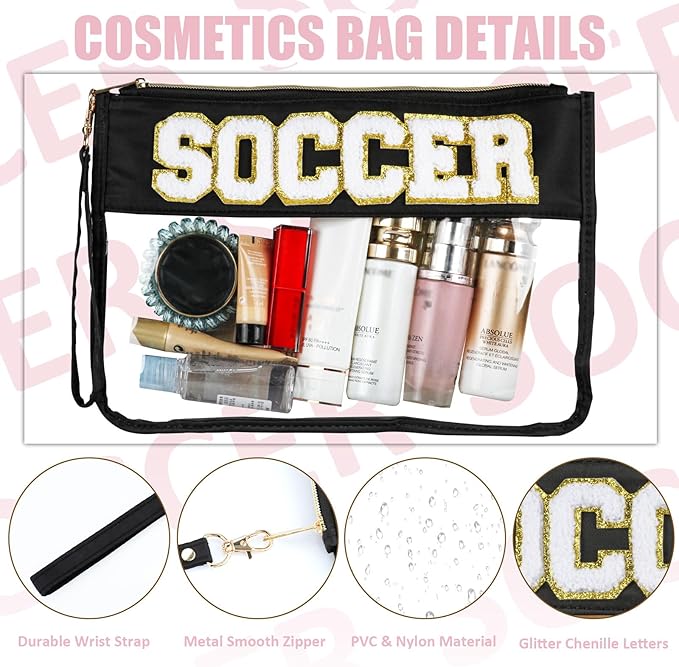 BuyCard 2 Pcs Soccer Gifts Makeup Bag with Chenille Letter Patch, Clear Cosmetic Pouch PVC Organizer Purse, Waterproof Travel Bag, Portable Toiletry Storage Bag for Her Girls Friends Women