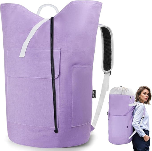 JOINPRO Laundry Bag Backpack, 125L Extra Large Travel with Shoulder Straps, Adjustable & Extendable Design, Laundry Hamper Bag with 3 Pockets for Laundromat, College, Travel, Camping (Purple)