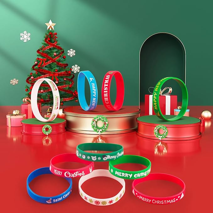 30pcs Christmas Silicone Bracelets for Kids Rubber Wristbands Pack for Christmas Party Favors Supplies Cute Bracelets Bulk for kids&teens Holiday Gifts for Students and Christmas Stocking Stuffers