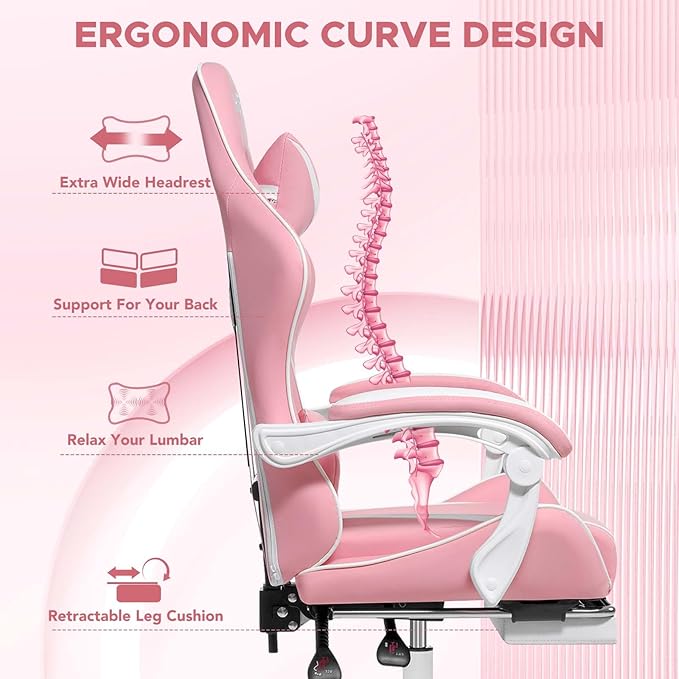 HOFFREE Pink Gaming Chair with Massage for Girls Cute Computer Gamer Chair with Footrest and Lumbar Support Reclining PC Game Chair with Headrest for Gaming Room