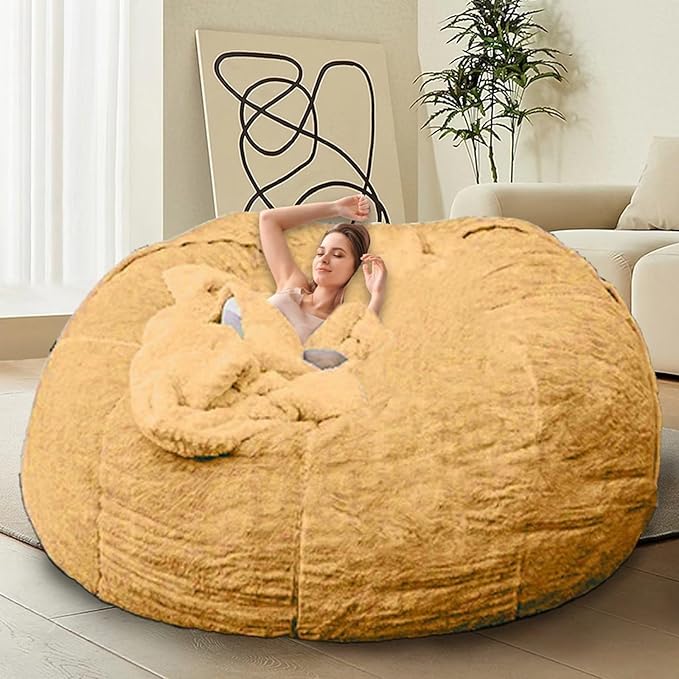 Bean Bag Chair for Adults Kids Without Filling Comfy Oversized Round Lazy Sofa Bean Bag Cover for Stuffed Animal Storage Bedroom Living Room Chairs, 6FT, Yellow