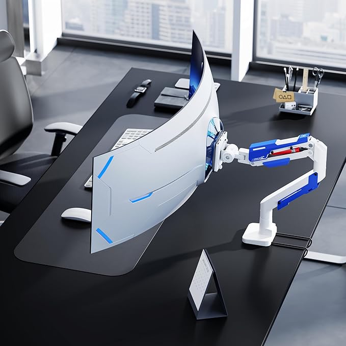 ARES WING Heavy Duty Ultrawide Monitor Arm - Gas Spring Aluminum Monitor Mount with USB for 24"-57" Curved Screens up to 66 lbs with Clamp/Grommet Desk Mount, 75/100/200 Vesa Mount, White