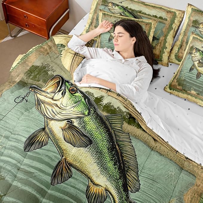 Feelyou Kids Fishing and Hunting 7 Piece Bedding Set King Size Pike Fish Bed in a Bag for Boys Bedroom Decor Bass Big Fish Comforter Set with Sheets,Pillowcases & Pillow Covers Vintage Soft