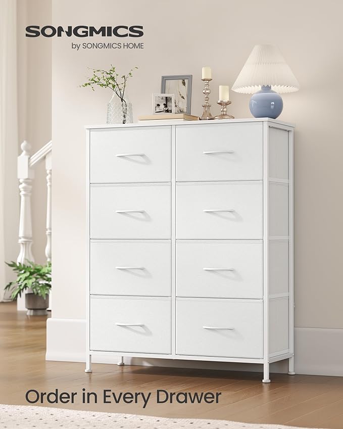 SONGMICS Dresser for Bedroom, Chest of Drawers, Steel, MDF, 8 Non-Woven Fabric Drawers, Storage Organizer Unit, Closet, Entryway, Cloud White and Snow White ULGS124W01S
