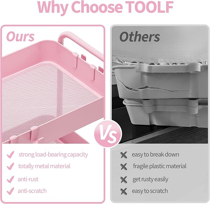 TOOLF 4-Tier Metal Rolling Cart with Wheels, Storage Utility Organizer Cart for Kitchen, Bathroom, Office, Baby Essentials & Makeup - Lockable Casters, Easy Assembly, Large Capacity, Pink