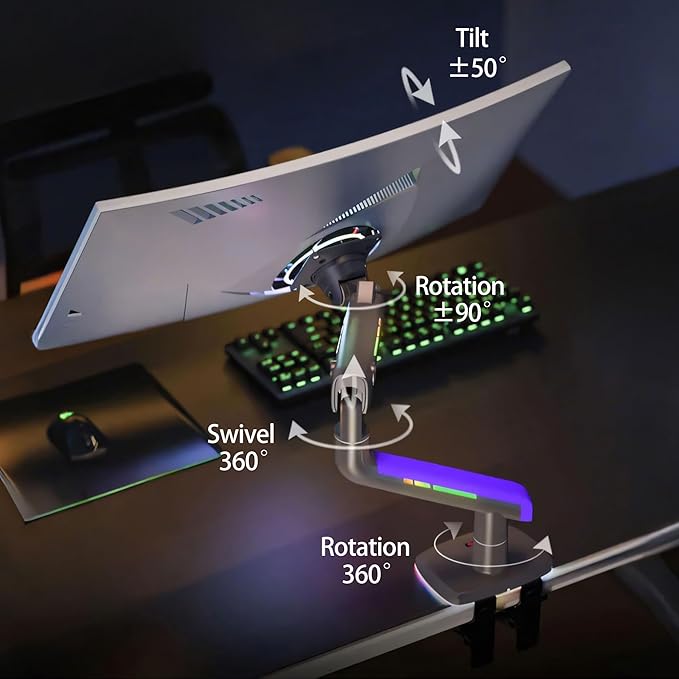 NB Gaming Monitor Arm or for 32 to 60 Inches Screen, Load up to 20 kg, VESA 75/100, RGB-Light, Heavy Duty, Multi Angle Adjustable, Premium Aluminum, Purple Blue