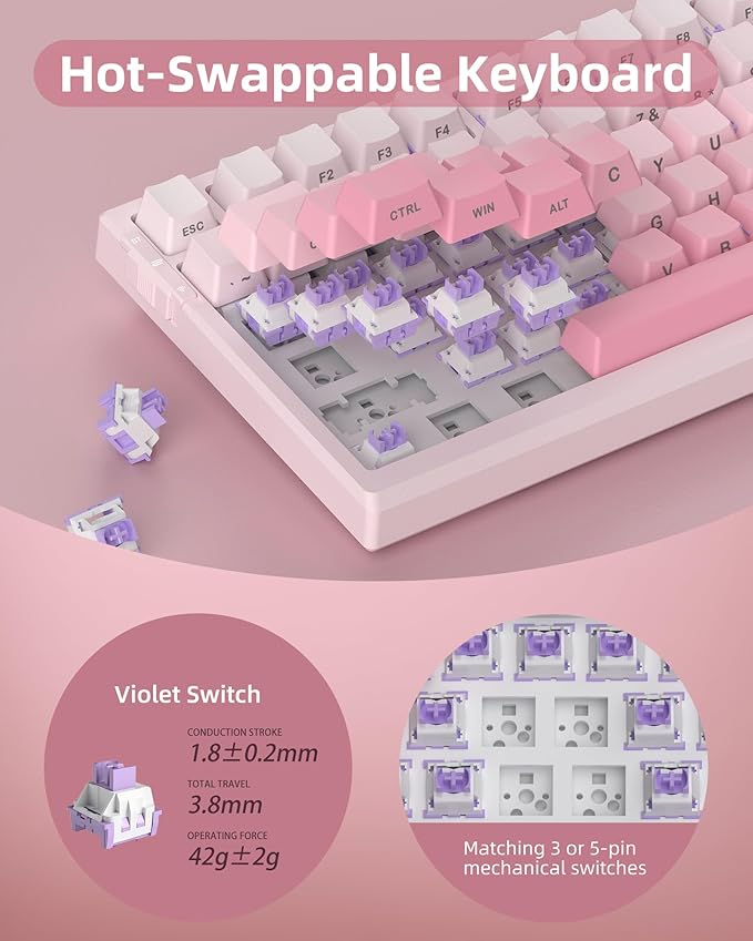 MageGee SKY81 75% Wireless Gasket Mechanical Gaming Keyboard, Hot Swappable RGB Custom Creamy Keyboard w/ 5-Layer Padding, BT/2.4G/USB-C, Knob Control, Side Printed Keycaps (White&Pink, Violet Switch)