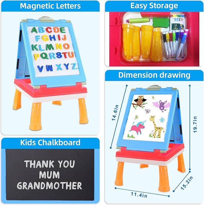 AyeKu Easel for Kids,Tabletop Easel for Toddler, Educational Toys Gifts for 3 4 5 6 7 Year Old Boys Girls -Comes with Chalkboard, Magnetic Whiteboard Letters and More (Pink)