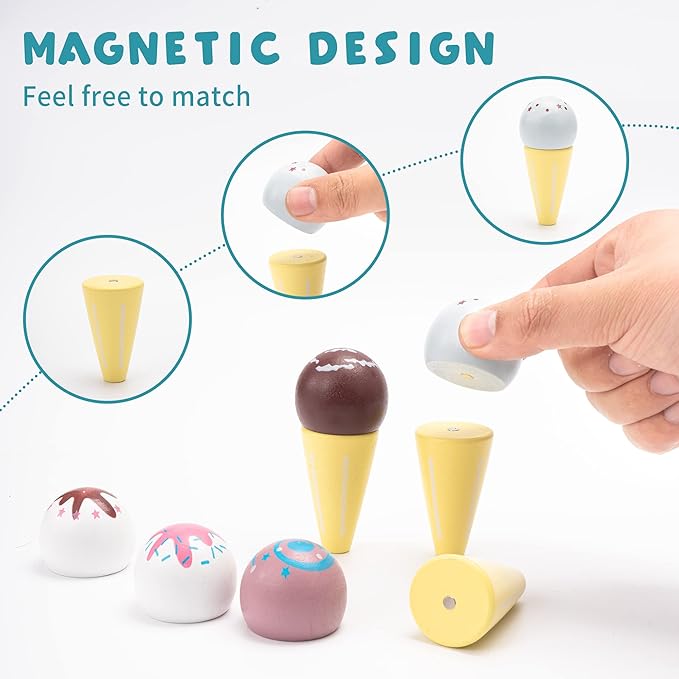 Ice Cream Shop Pretend Toy, Wooden Ice Cream Cones and Popsicle Counter Play Set for Kids Play Kitchen, Ice Cream Cart Toys for Toddlers, Fun Creative Ice Cream Pretend Play