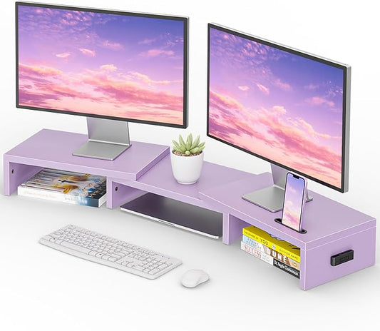 BONTEC Dual Monitor Stand Riser with Smartphone Holder, Adjustable Length & Swivel Angle, Ergonomic Wooden Desktop Organizer for PC Monitor, Laptop, Printer, Large Storage, Purple