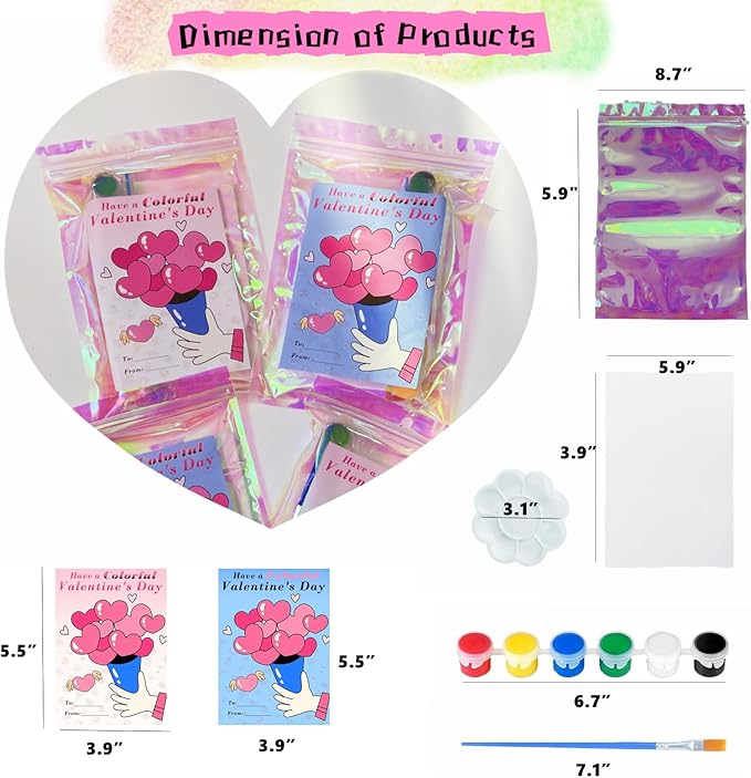 16pcs Valentines Day Gifts Cards for Kids Class Valentine Exchange Classroom Gifts School Party Favors Watercolor Acrylic Paint Kit Set Valentines with Drawing Canvas Palette Brush Wishes Stickers