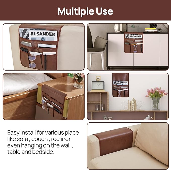 Teniux Remote Control Holder Faux Leather Armrest Organizer with 6 Pockets for Recliner Couch Sofa, Armchair Caddy for Smart Phone, Book, Magazines, Ipad, Remotes (Brown)