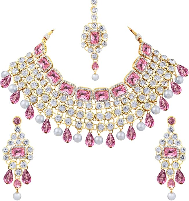 Aheli Kundan and Simulated Colored Stones Indian Ethnic Maang Tikka Necklace and Earrings Set Bollywood Festive Statement Jewelry Gift for Women
