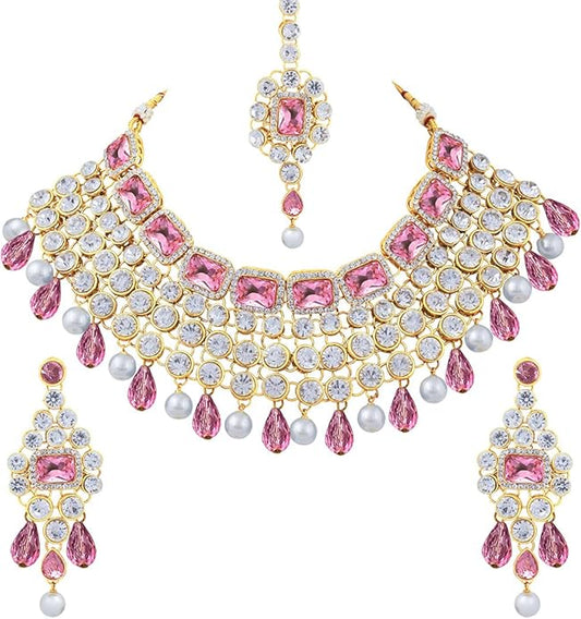 Aheli Kundan and Simulated Colored Stones Indian Ethnic Maang Tikka Necklace and Earrings Set Bollywood Festive Statement Jewelry Gift for Women