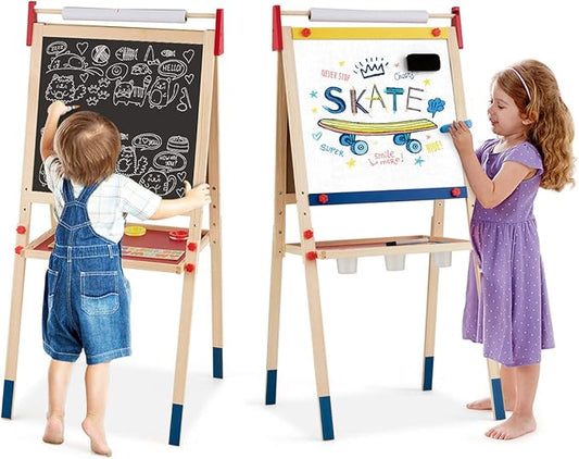 HONEY JOY Easel for Kids, Wooden Height Adjustable Standing Toddler Easel w/Magnetic Chalkboard & White Board, Paper Roll, Painting Accessories, Magnetic Alphabet, Art Easel for Boys Girls, Natural