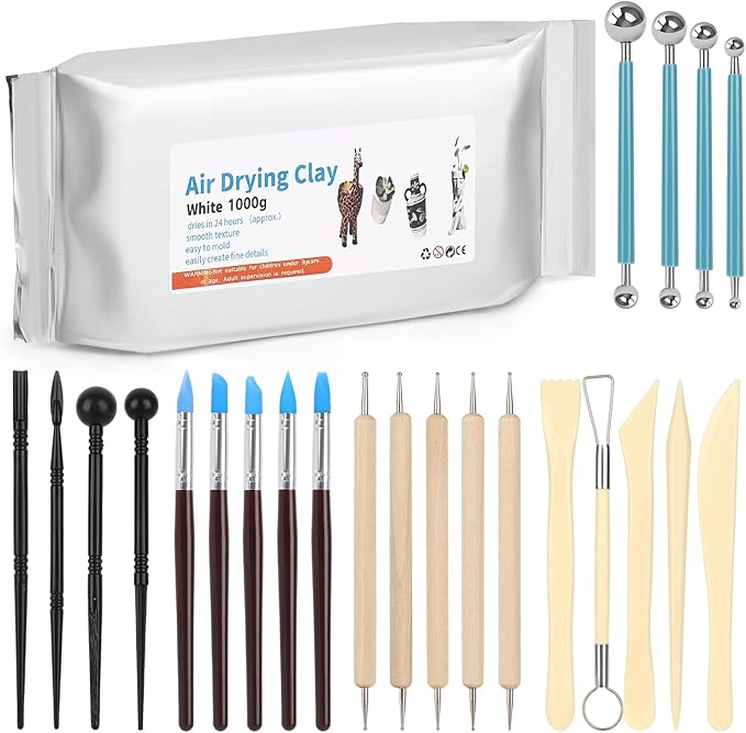 Katech Air-Dry Clay Kit for Adults-Pottery Clay 2.2LBs with 23 Pcs Ceramics Clay Sculpting Tool Set-All-Purpose Modeling Clay-No Cracking Air Clay-Ideal for Beginners and Professionals (White)