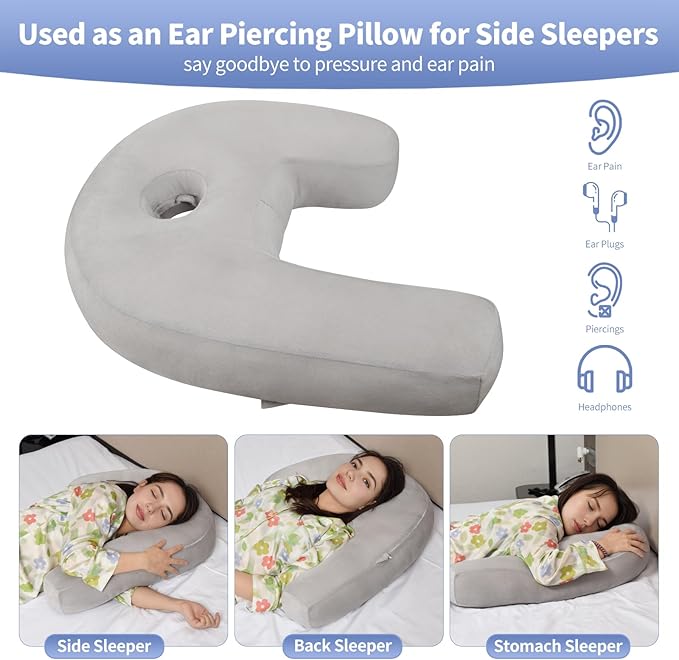 Body Pillow for Side Sleepers with Ear Hole, J & U-Shaped Neck Pillow for Ear Piercing, Relieves Neck, Shoulder & Back Pain, 20x26 Inches with Pillowcase (Grey)