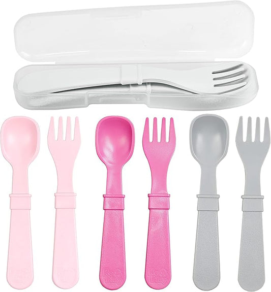 Re-Play Made in USA Toddler Forks and Spoons, Pack of 8 With Carrying Case - 4 Kids Forks with Rounded Tips and 4 Deep Scoop Toddler Spoons - 0.2" Thick Toddler Utensils with Case, Modern Pink
