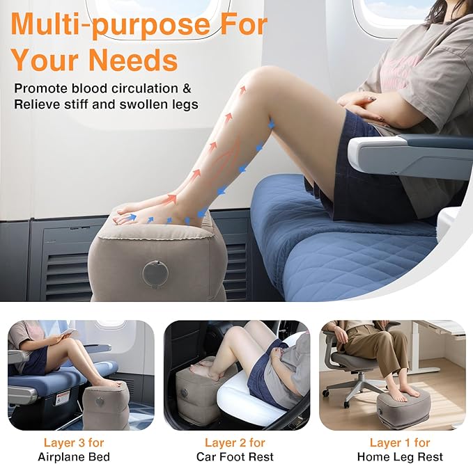 Maliton Inflatable Foot Rest Pillow for Travel,Kids Airplane Bed,Adjustable 3 Layers Height Leg Pillow of Air Travel Essentials,Car, Office, Home - Fast Inflation (Grey)