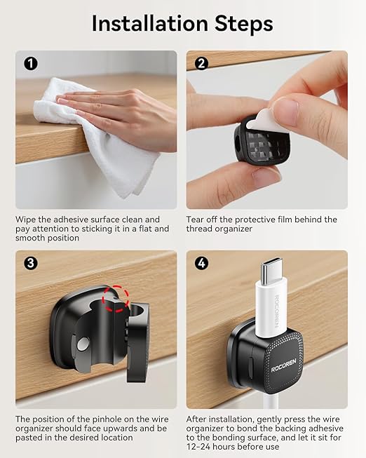 6 Pack Cable Management Cord Organizer,Magnetic Cable Clips-1s Lock,Rocoren Desk Adhesive Cord Cable Clip Wire Holder Keeper for Phone Charger Wire,Nightstand,Car,Office,Desktop Accessory,Black