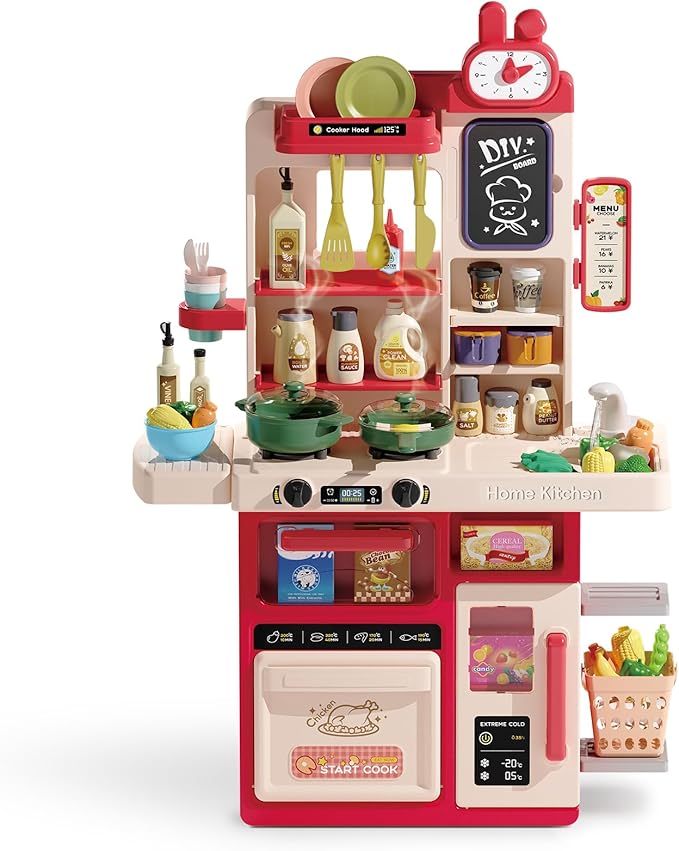 Kids Kitchen Playset Set, 63PCS Pretend Play Kitchen Toys for Toddlers, Cooking Stove with Steam Sound Light, Play Sink with Manual Faucet, Play Food Accessories Gift for Girls Boys, 33’’H