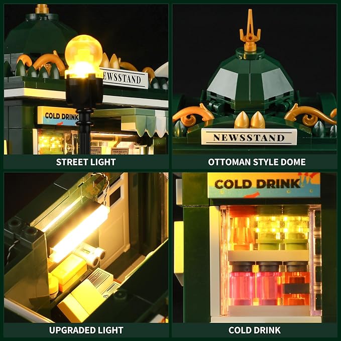 FUNWHOLE Newsstand Lighting Building Bricks Set - City Town Life Newsstand LED Light Construction Building Model Set 556 Pcs for Adults and Teen