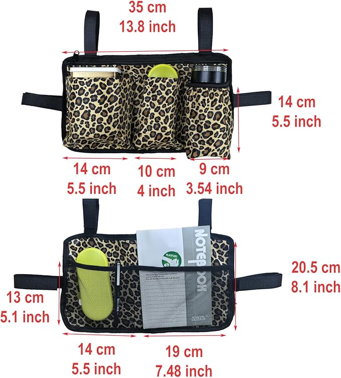 Wheelchair Side Bag with Cup Holder, Wheelchair Armrest Pouch Accessories for Walker, Rollator, Electric Scooter Wheelchairs (Leopard Print, 13.8X8 Inch)