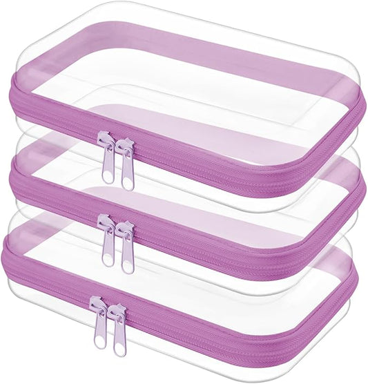 Clear Hard Shell Zipper Case,Clear Toy Storage Pouch,Waterproof Transparent Organizer Comestic Case for Travel, Office, Home(Purple, 3*S)