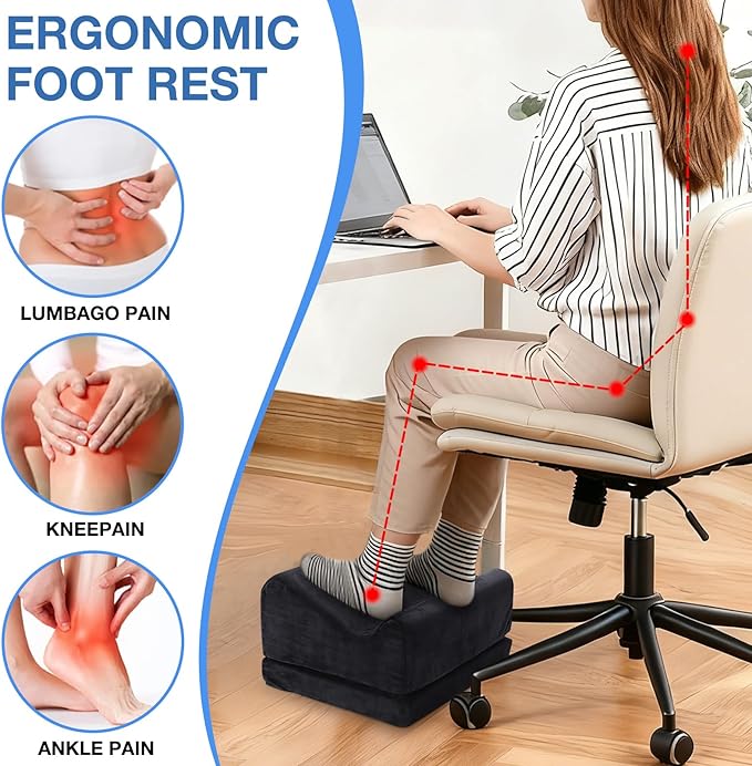 Foot Rest for Under Desk at Work, Foot Mat with Cover for Office Home Chair Sofa, Comfortable Footrest with Adjustable Height, High-Density Foam Leg Elevation Pillow to Relieve Back/Knee Stress, Black