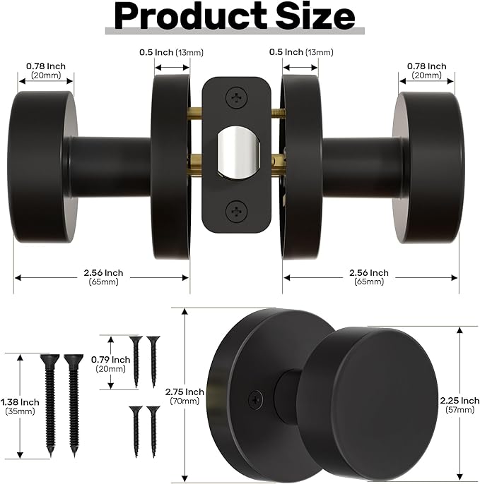 Matte Black Door Knob Passage Door Knob Interior for Closet and Hallway, Heavy Duty Round Vintage Door Handle