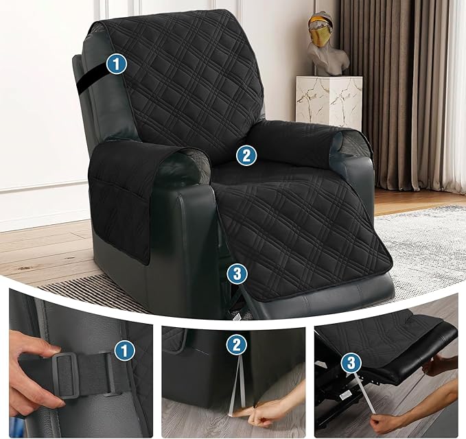 H.VERSAILTEX 100% Waterproof Recliner Chair Covers Dog Chair Cover Non Slip Covers for Recliner Chair with Pocket Electric Power Lift Recliner Slipcovers for Pets and Kids,Black/Beige