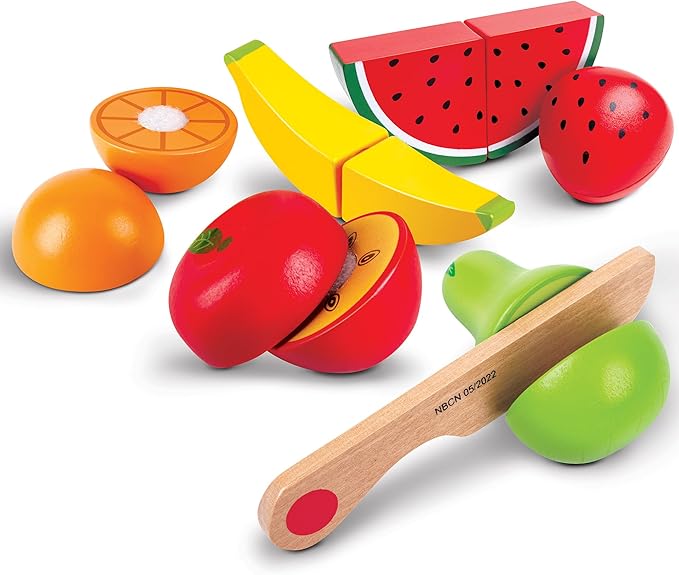 Hape: Fruit Set - 7pc, Wooden Food Play Set, Knife & Velcro Stick Together Fruit Pieces, Cut in Half, Kitchen Pretend Play, Realistic Toy, Kids Age 3+